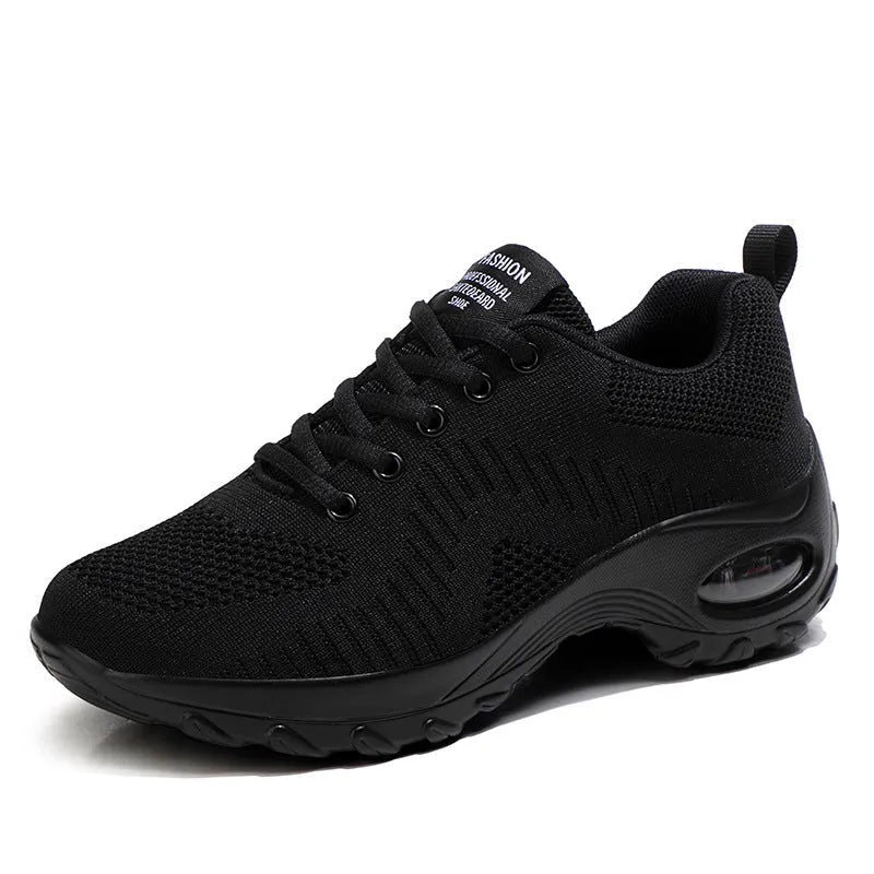 Women's red mesh sneakers with round toe and front lace-up design showing 3-5cm heel height