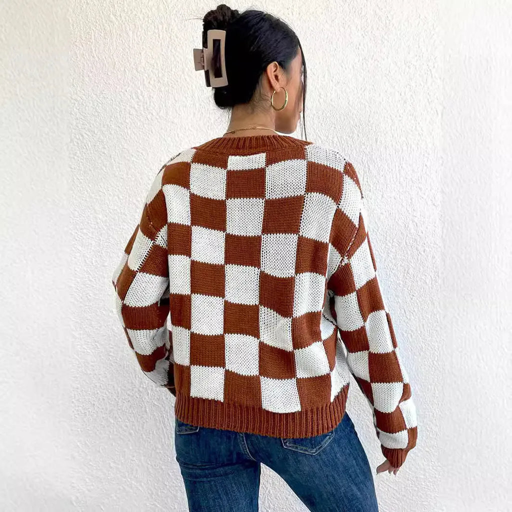 Dark brown chessboard plaid acrylic pullover sweater with round neck and long sleeves