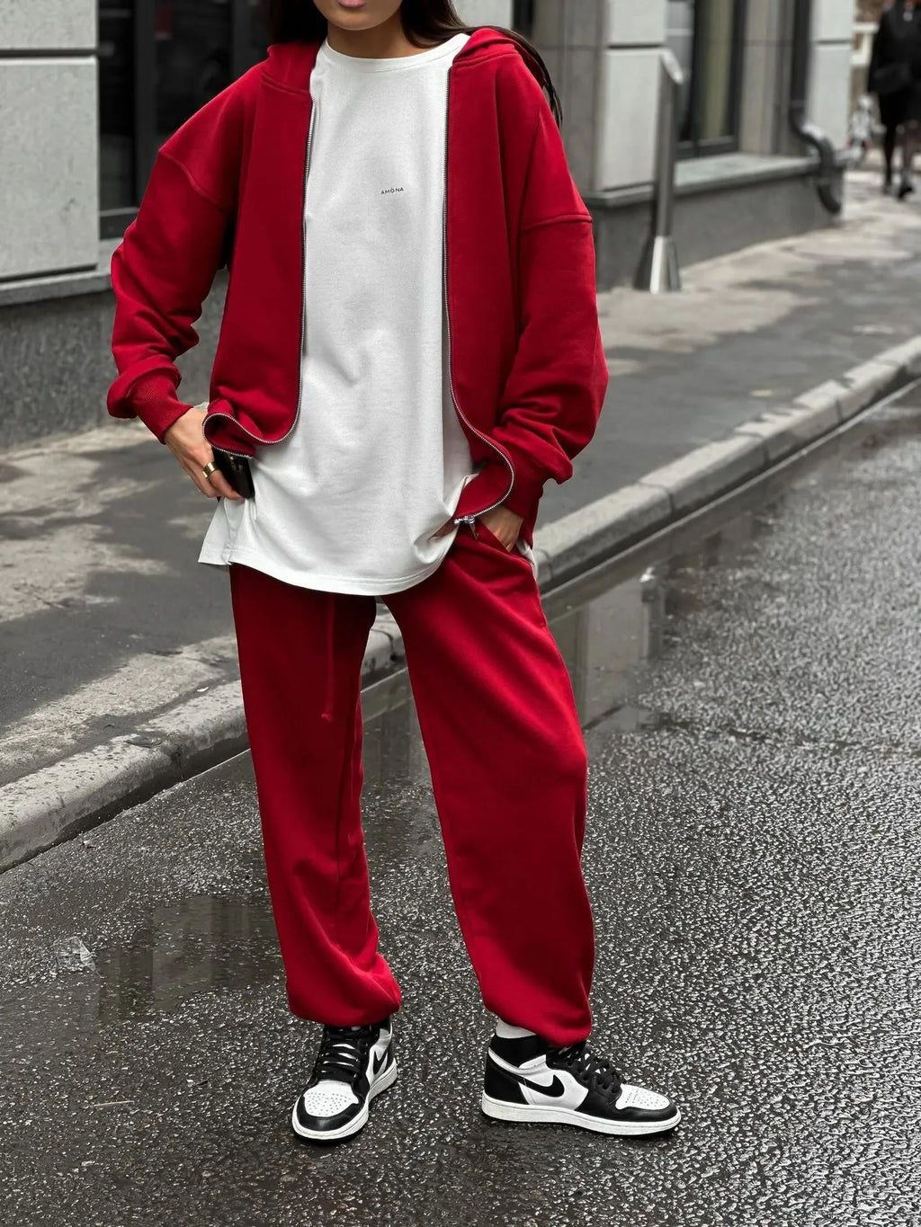 Red loose fit street style long sleeve coat and trousers two-piece set on a hanger