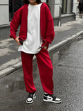 Red loose fit street style long sleeve coat and trousers two-piece set on a hanger