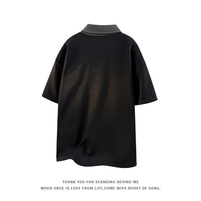 Men's black heavy henry collar short sleeve polo shirt sweater made from thin spandex fabric.