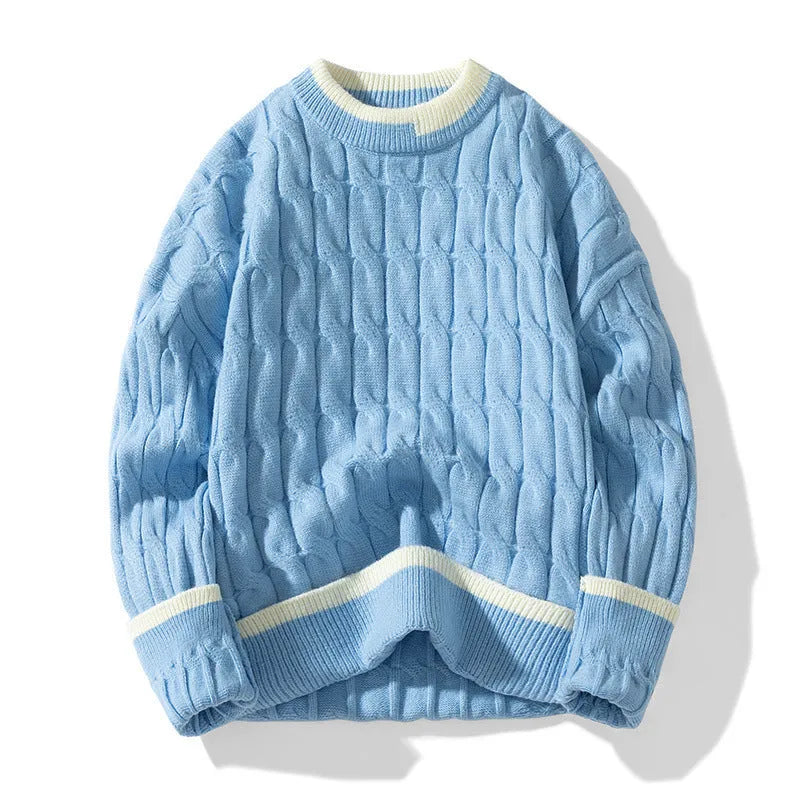 Men's loose fit grey acrylic and modal pullover sweater with long sleeves on a hanger.