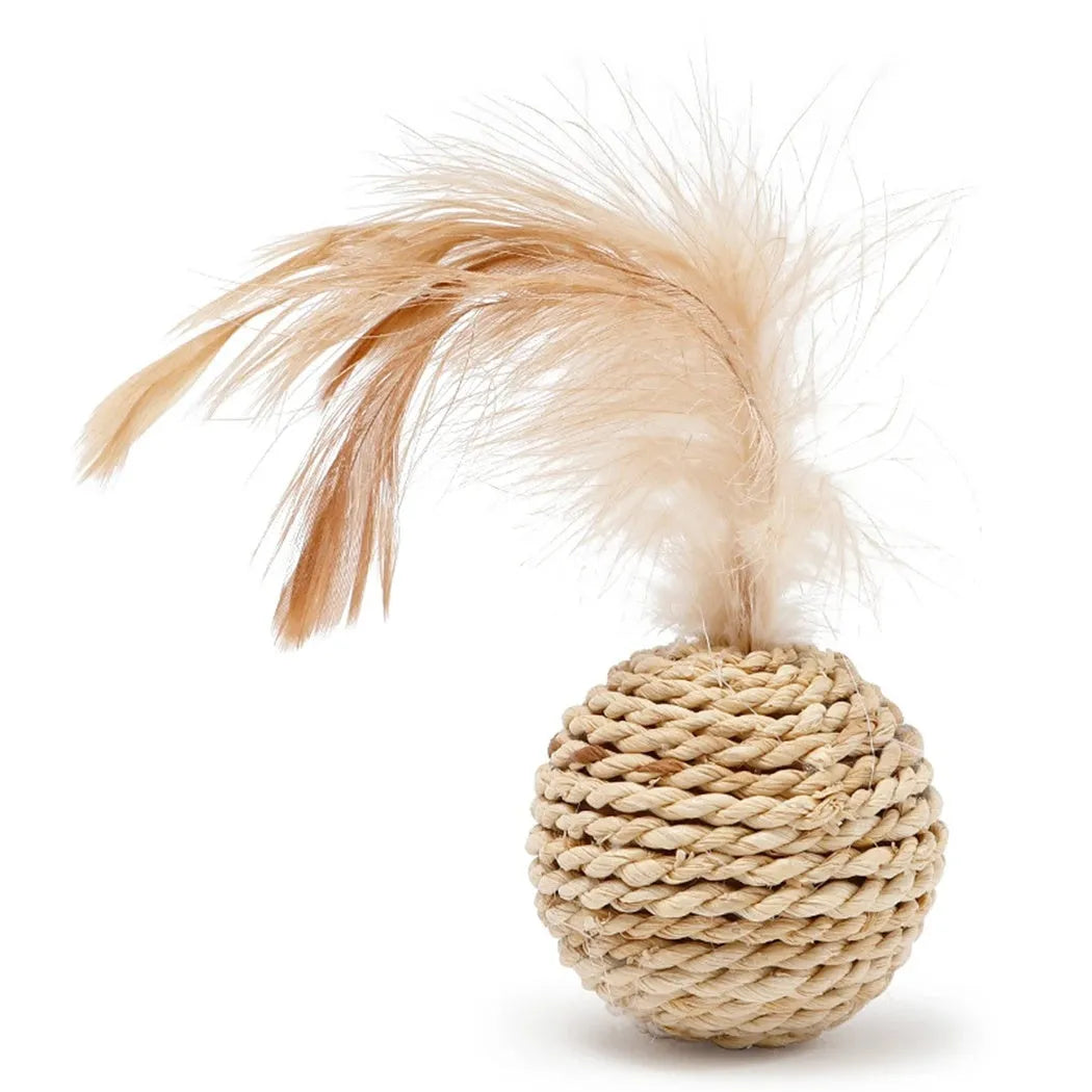 Set of two cat toys: a hollow rattan ball and a faux feather ball with bell, on a plain background.