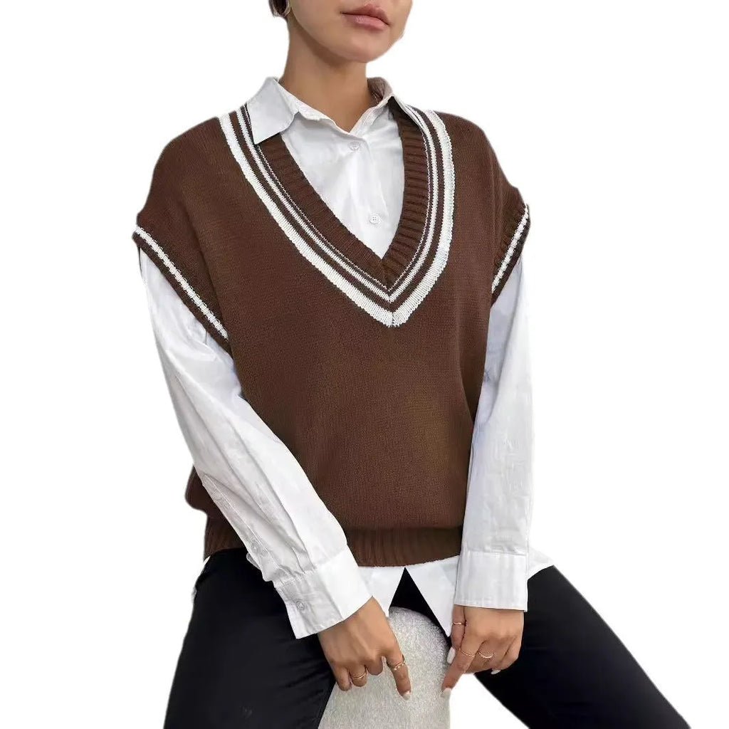 Women's loose fit college-style vest sweater in acrylic blend fabric