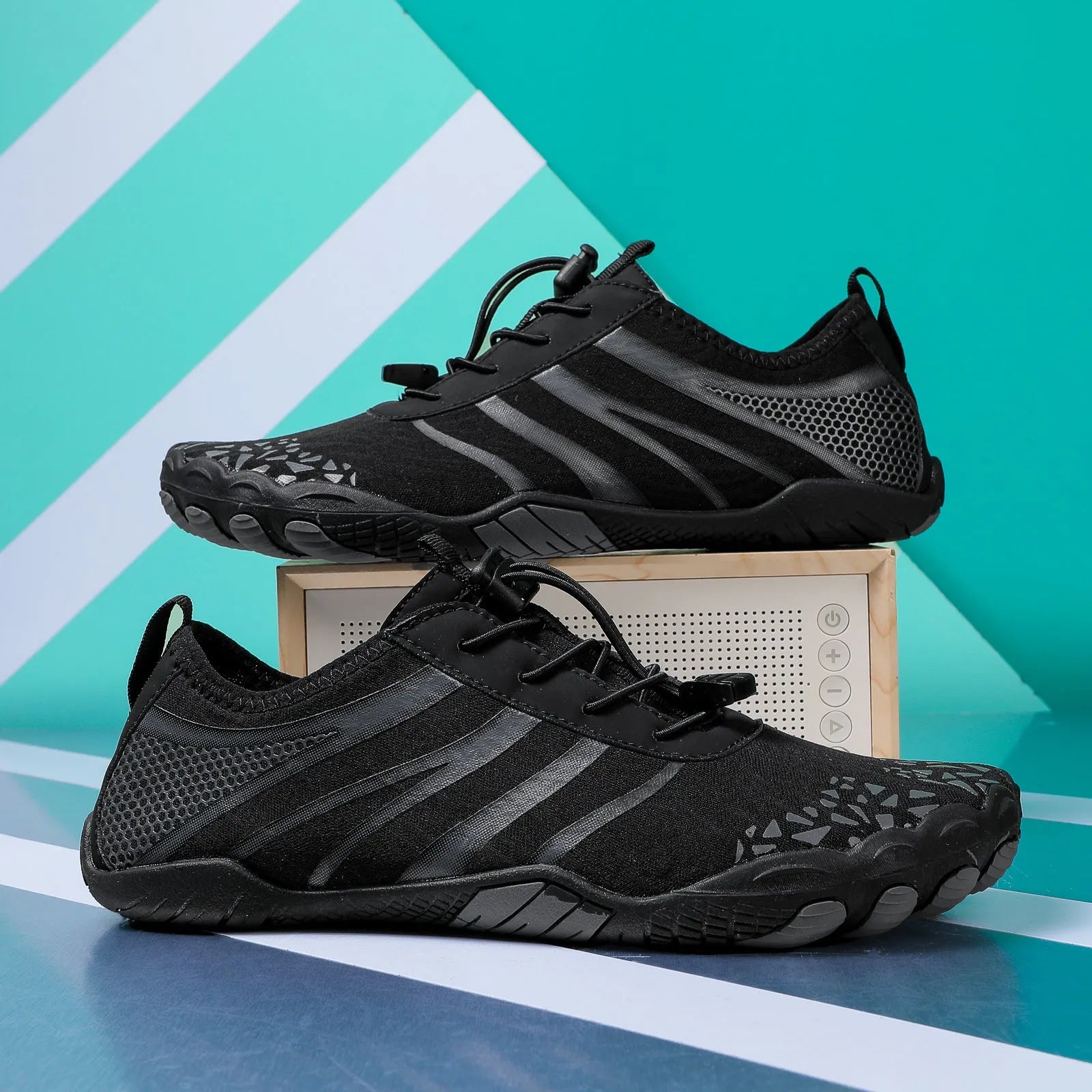 Lycra stretch fabric beach running shoes for men and women in various colours.