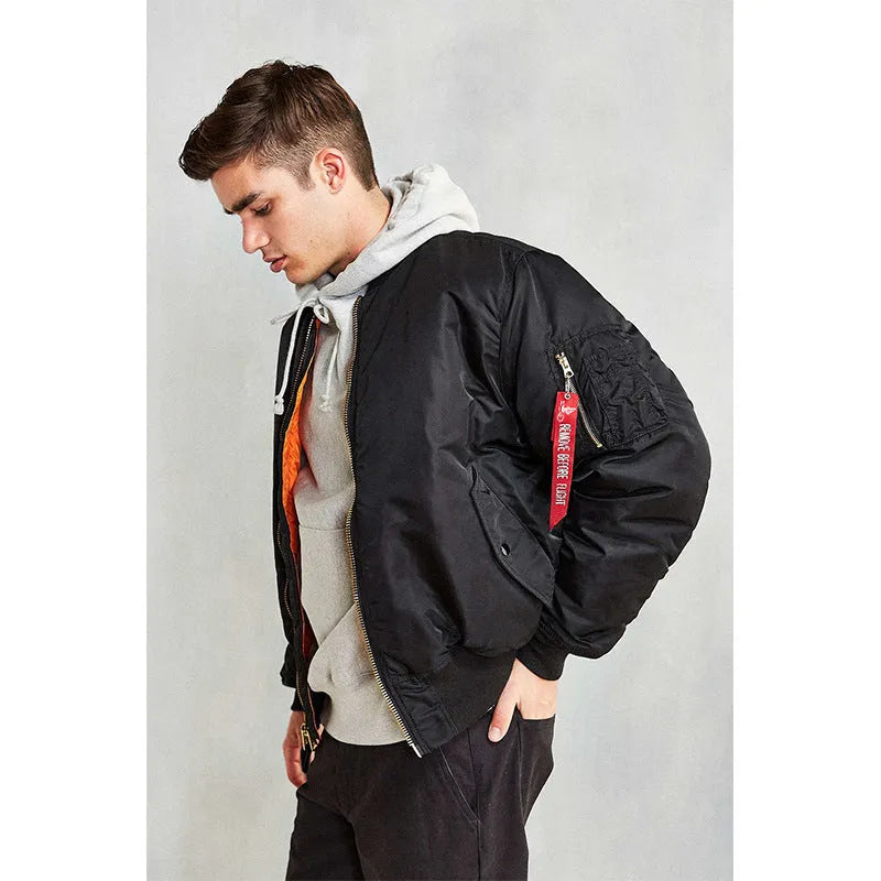 Men's loose fit nylon pilot jacket in army green, shown with cotton padding and double-sided wear-resistant construction.