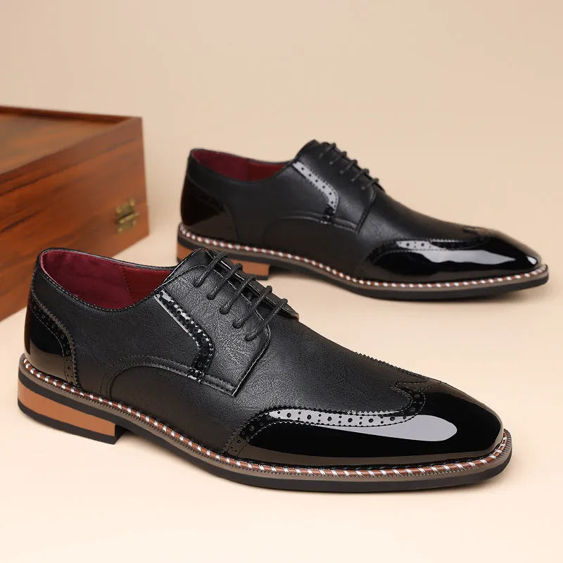 Men's black pointed toe business casual shoes with PU upper and rubber sole
