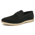 Men's beige slip-on leather casual shoes with round toe and rubber sole