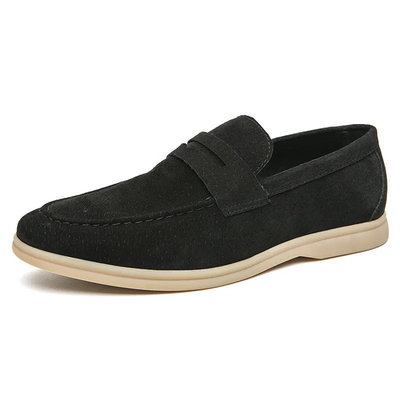 Men's beige slip-on leather casual shoes with round toe and rubber sole