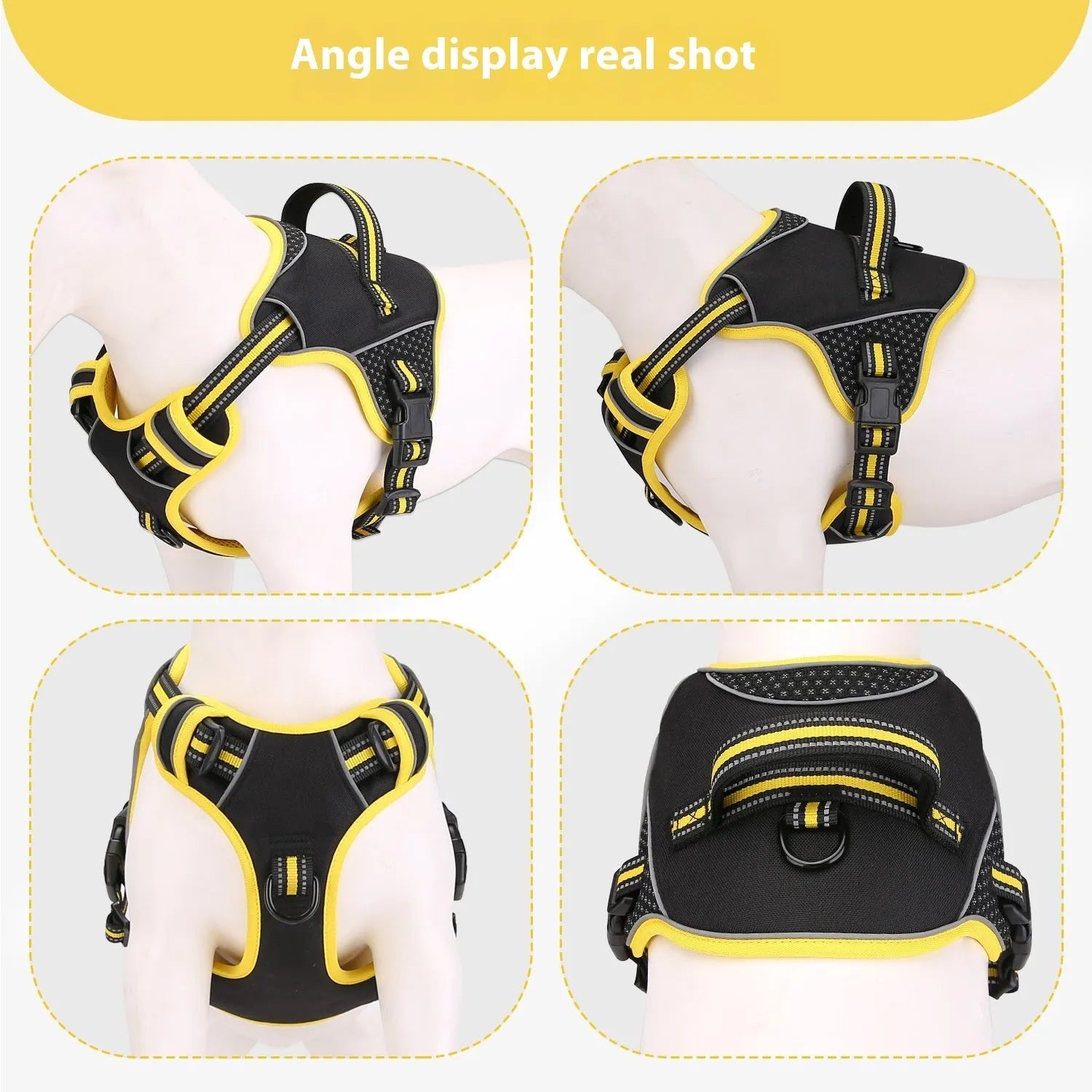 Yellow and orange polyester dog harness traction strap set for outdoor training.