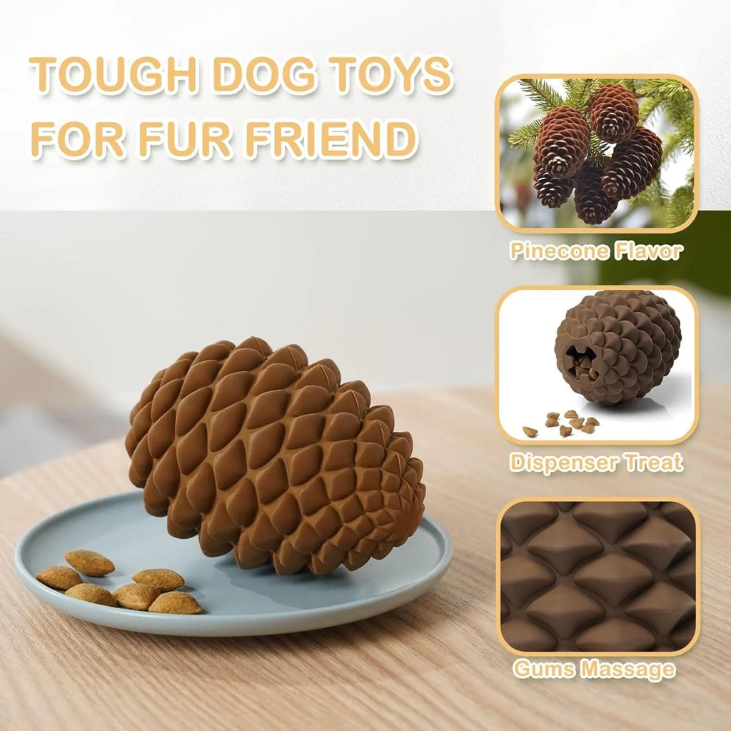 Yellow pine cone-shaped natural rubber dog toy with treat dispenser hole.