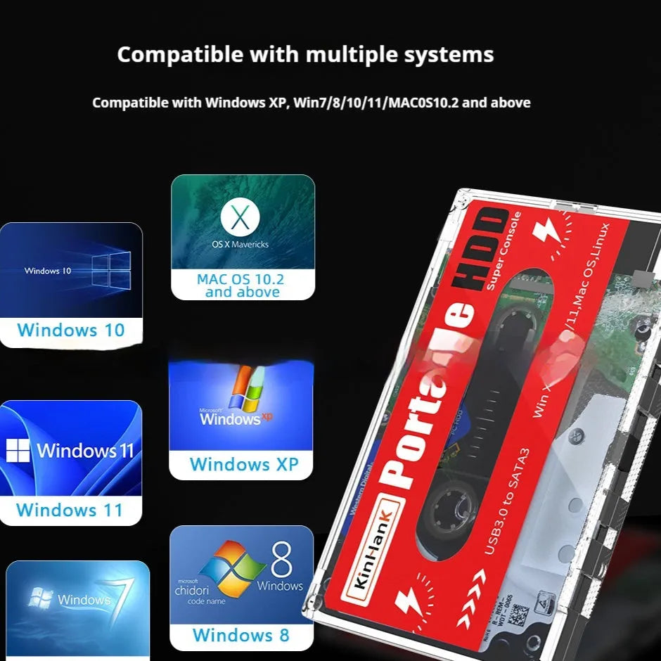 External mechanical hard disk for mobile gaming with USB cable and carrying case.