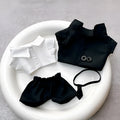 Black suit set for dolls with oval sunglasses and ankle boots, polyester material.