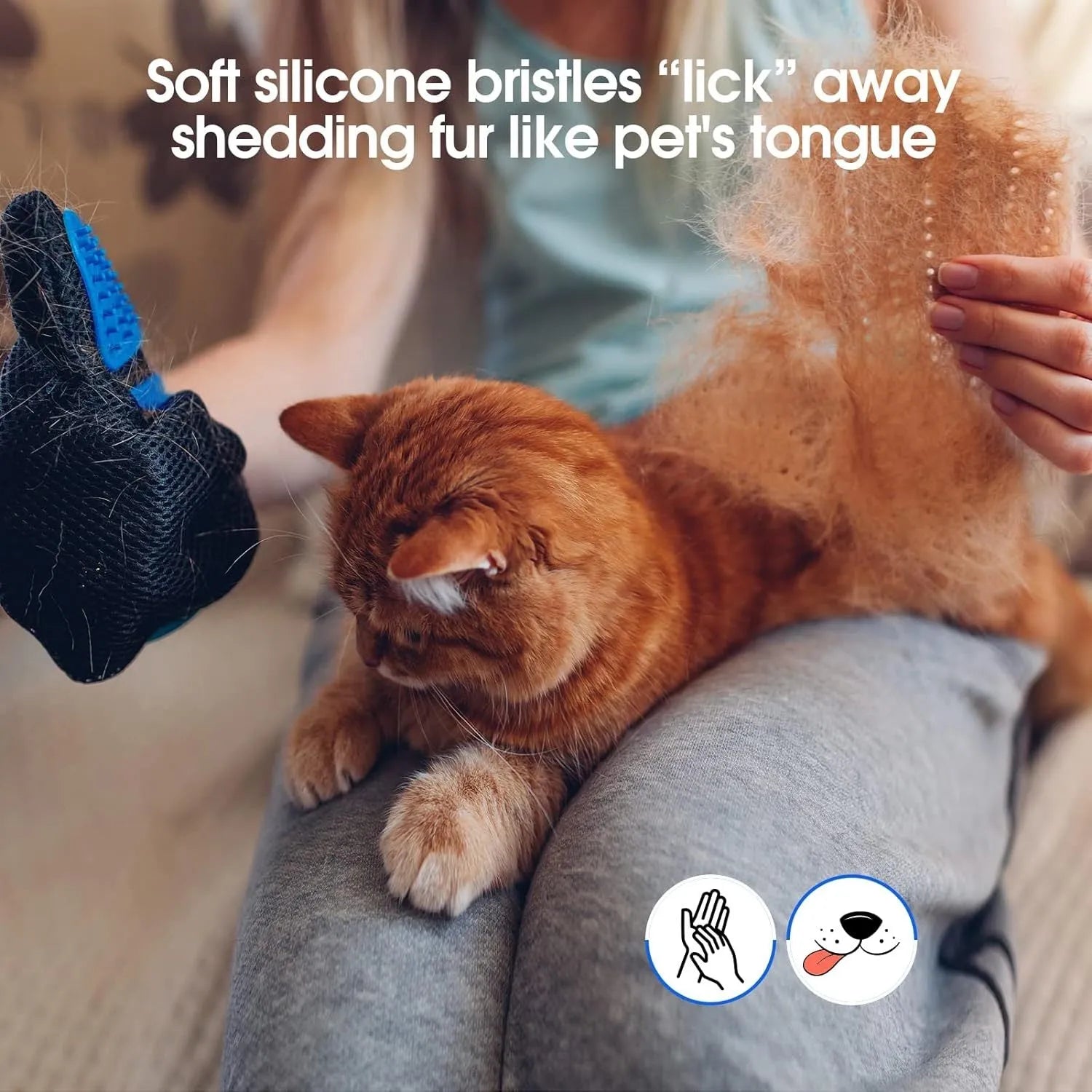 Blue pet grooming gloves with silicone tips for dog washing and cat hair removal