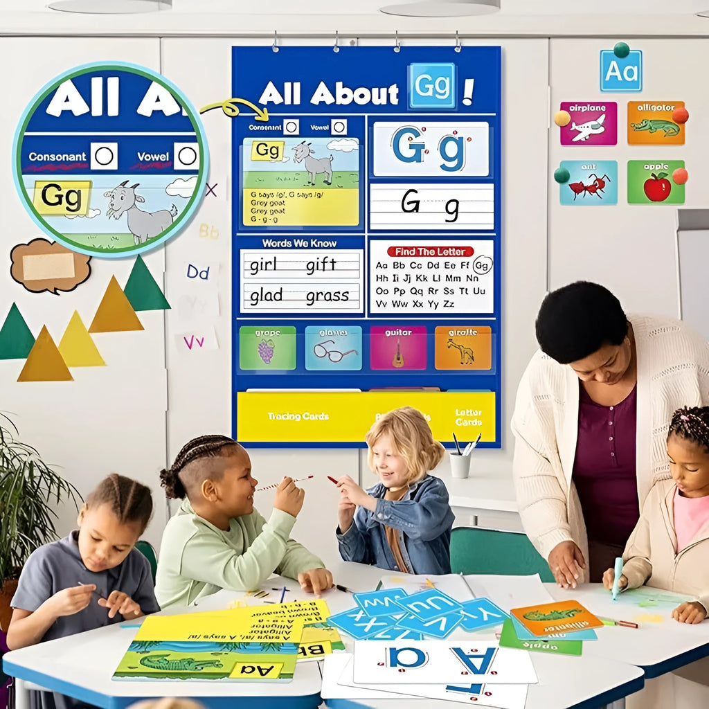 Alphabet learning sleeve table chart with educational cards displayed on 60x40cm surface