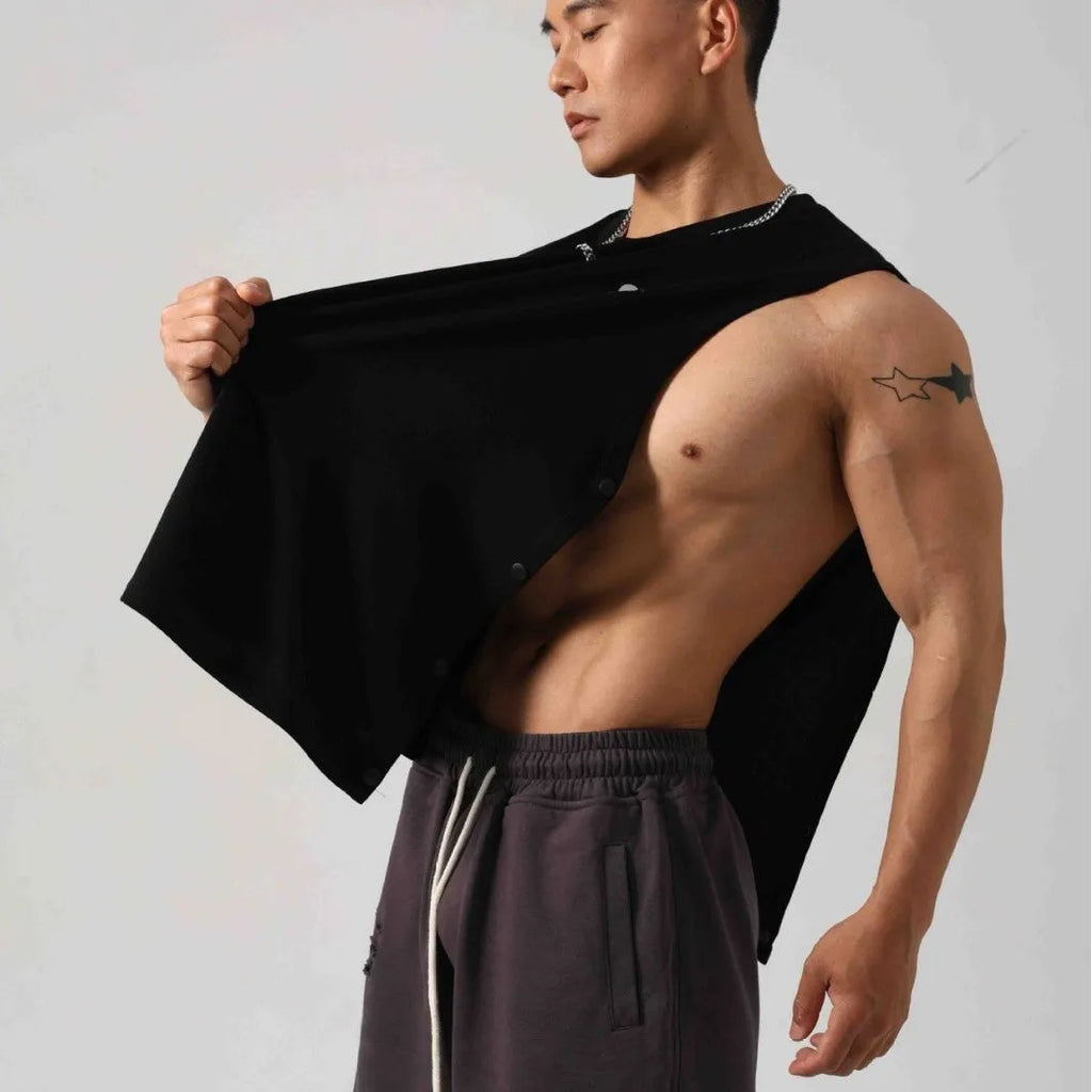 Men's loose black cotton fitness vest showing hidden hook side openings.