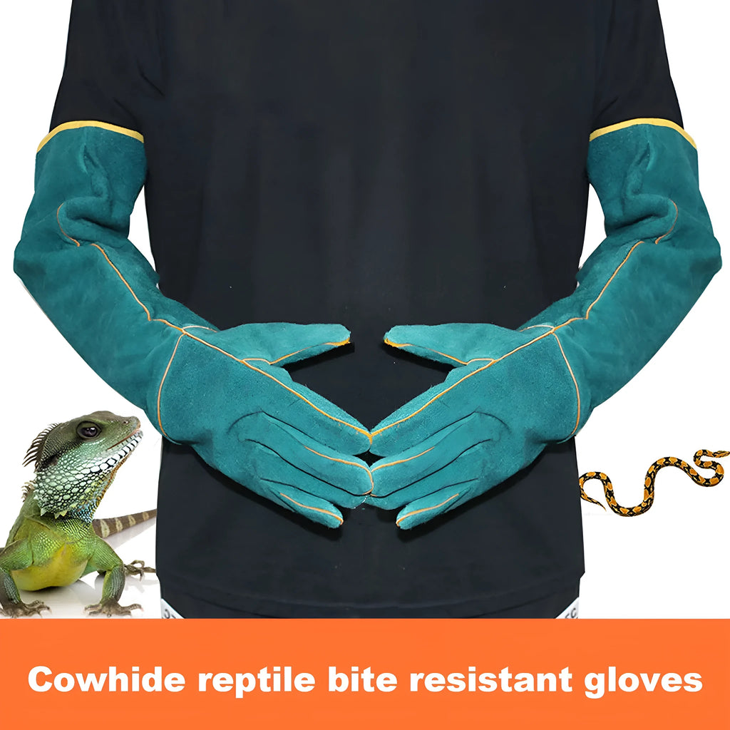 Dark green leather pet handling gloves with extended sleeves for animal bite protection