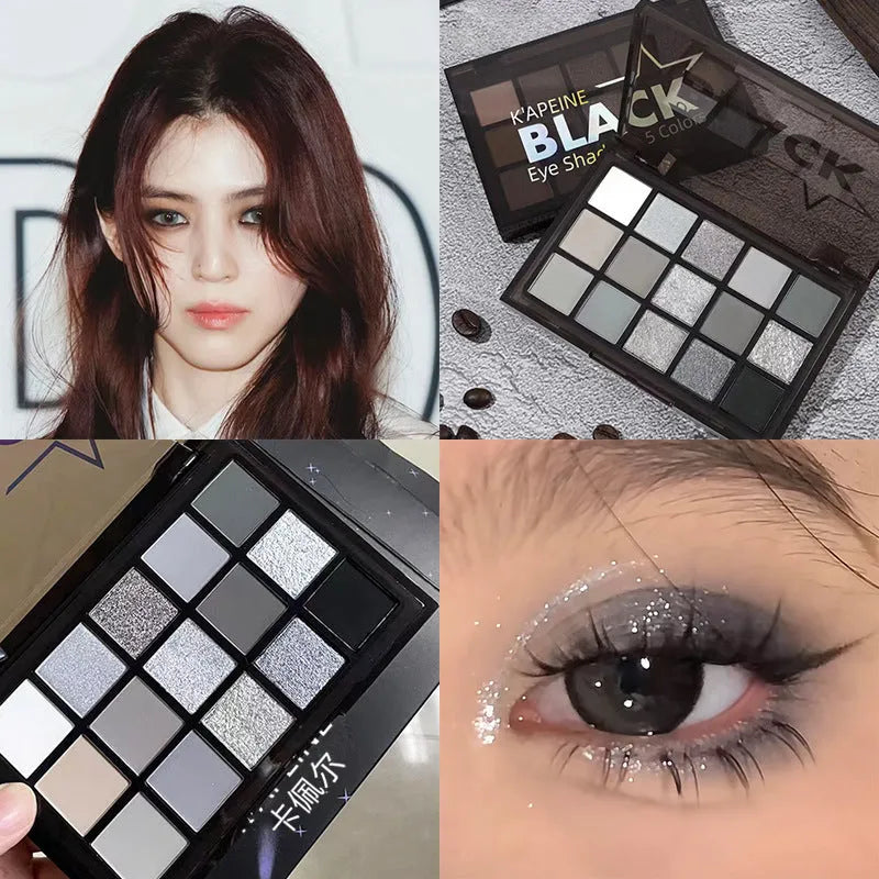 15-colour eye shadow palette showing shimmer and matte finishes in brown, blue and earth tones