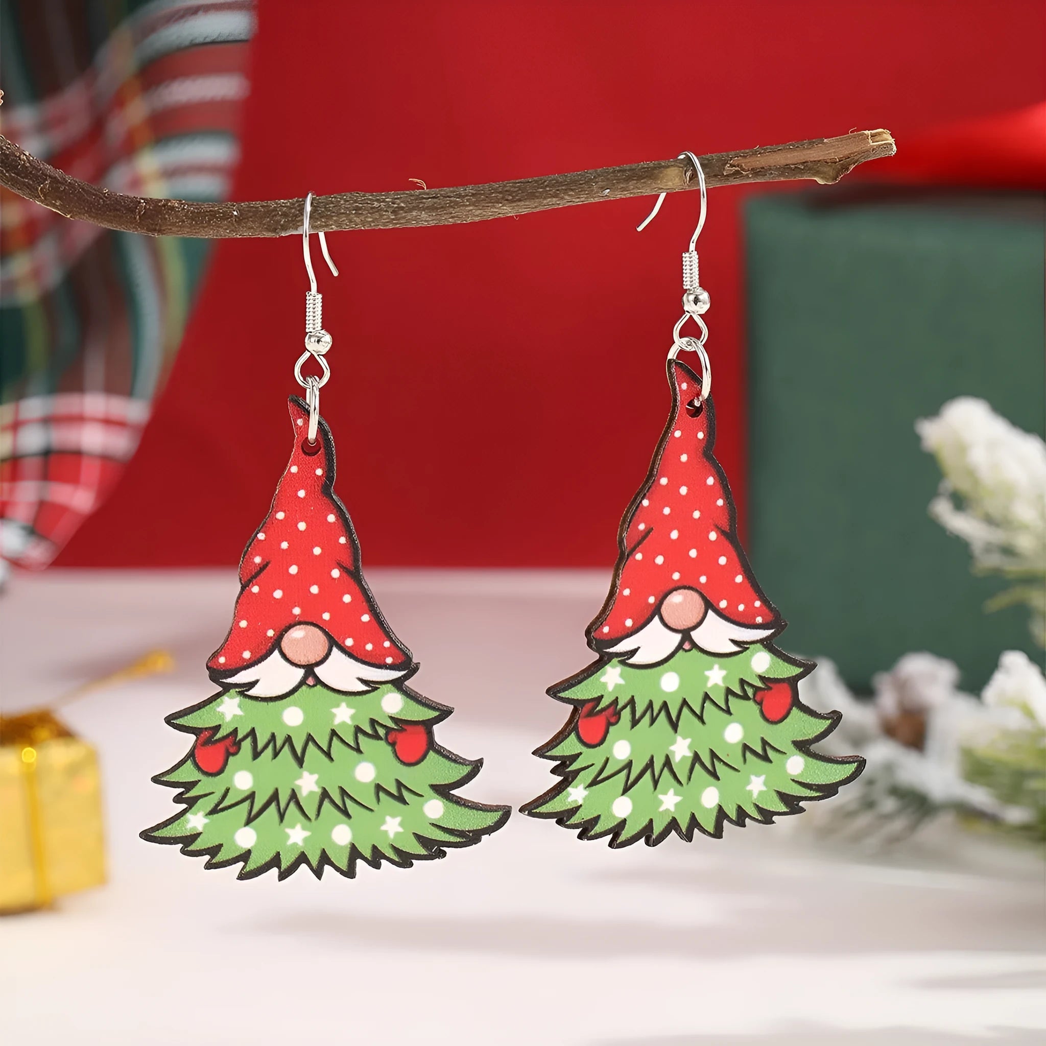 Wooden Christmas earrings with geometric shapes featuring printed Christmas tree and snowman Santa Claus designs