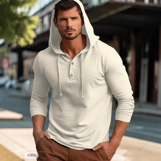 Men's dark blue cotton hoodie pullover with long sleeves on a hanger