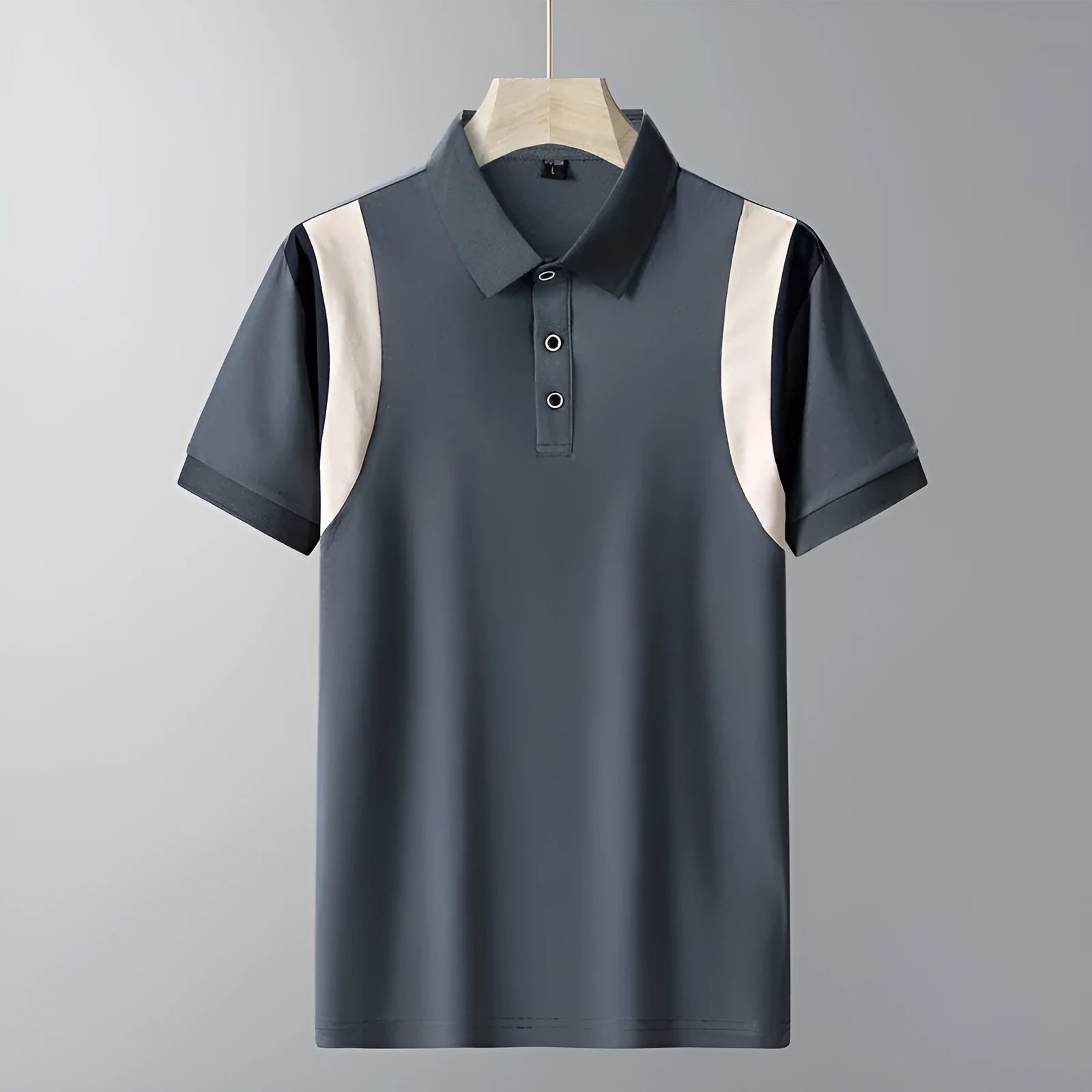 Man wearing a grey striped short-sleeved cotton T-shirt with a V-neck lapel in a loose fit.