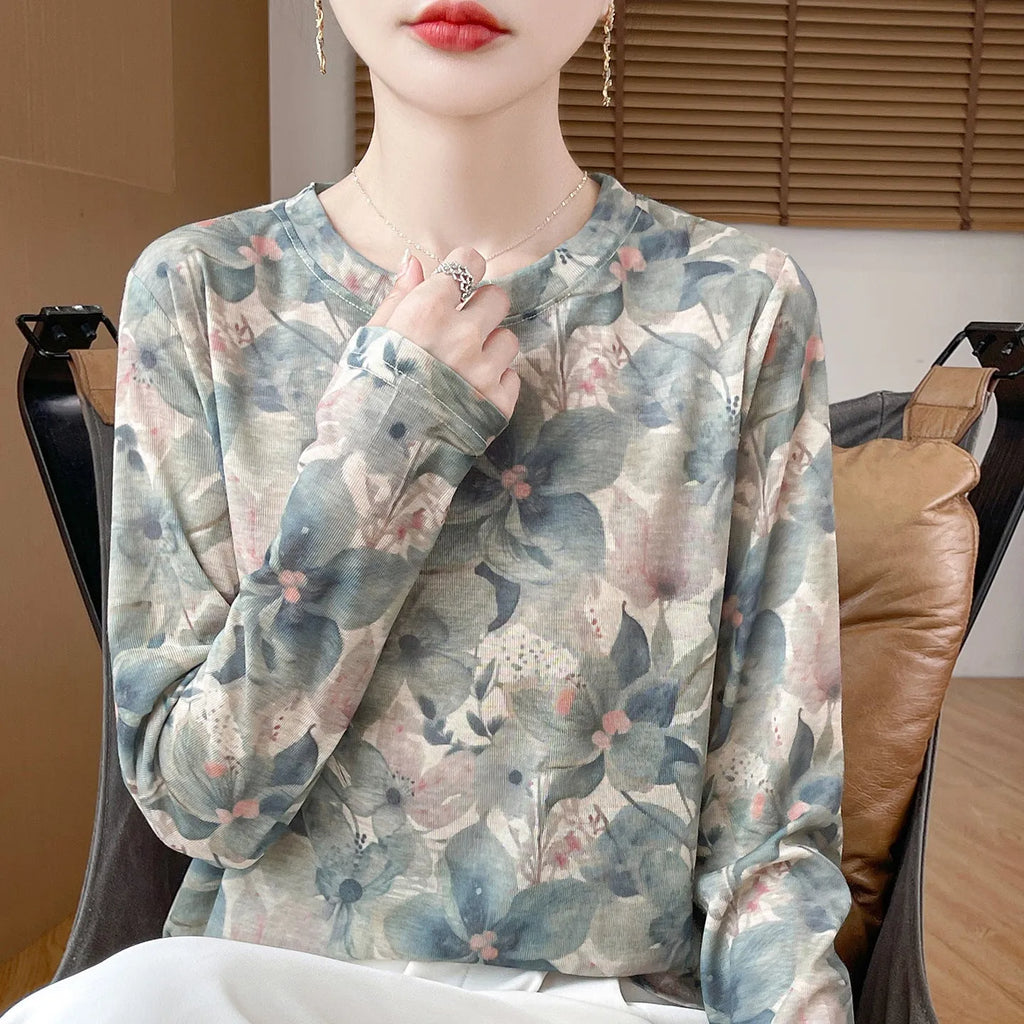 Tencel cotton round neck pullover with floral print in Asian sizes M to XXL