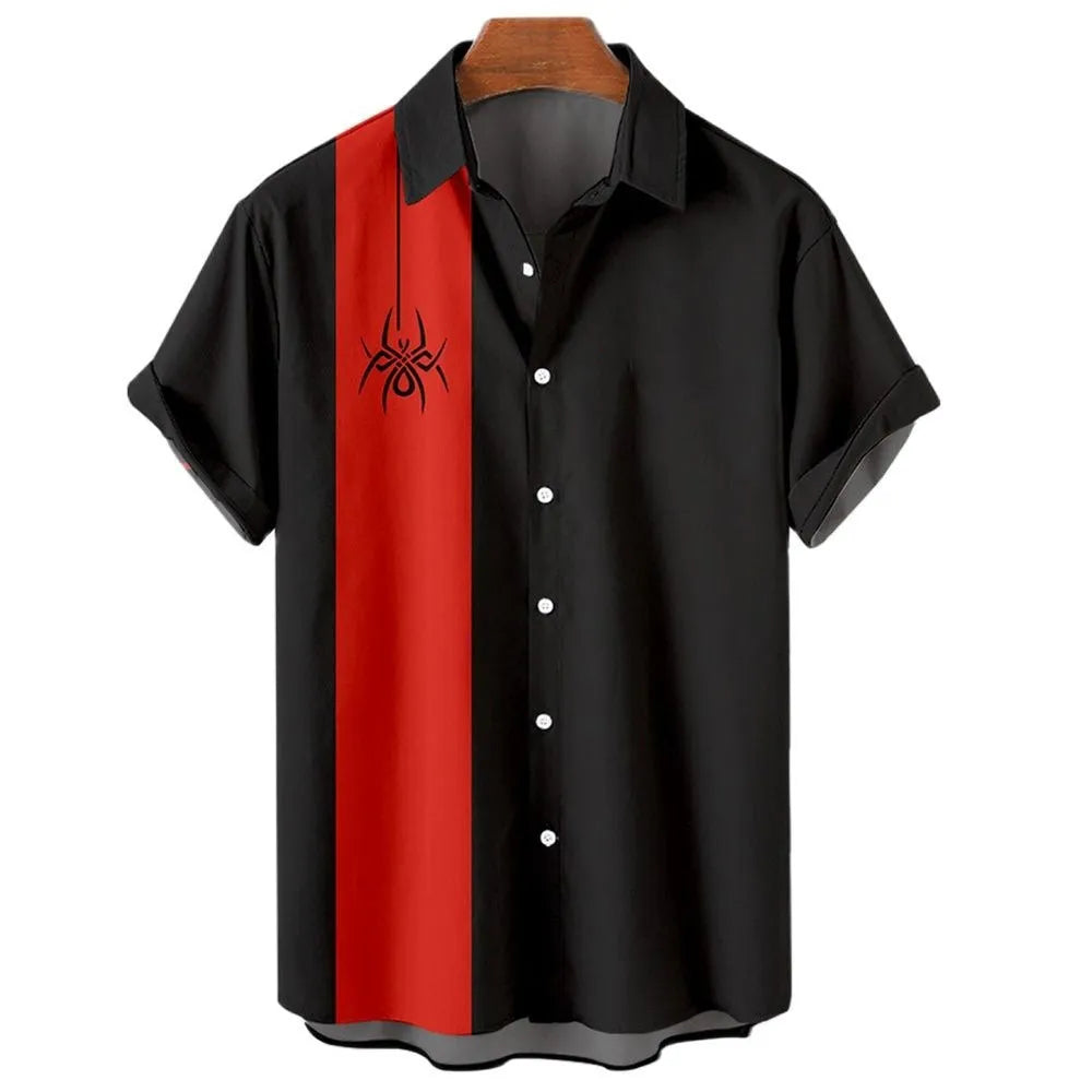 Men's tropical stripe Hawaiian shirt with short sleeves and button front in elastic polyester fabric