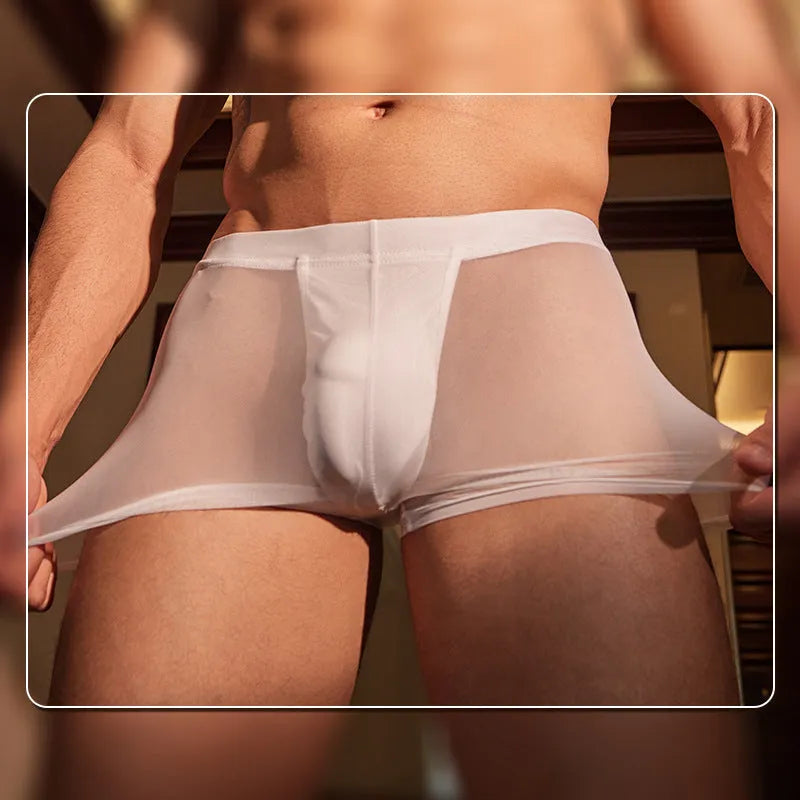 Men's black and white ultra-thin nylon boxer briefs laid flat, showing free size label.
