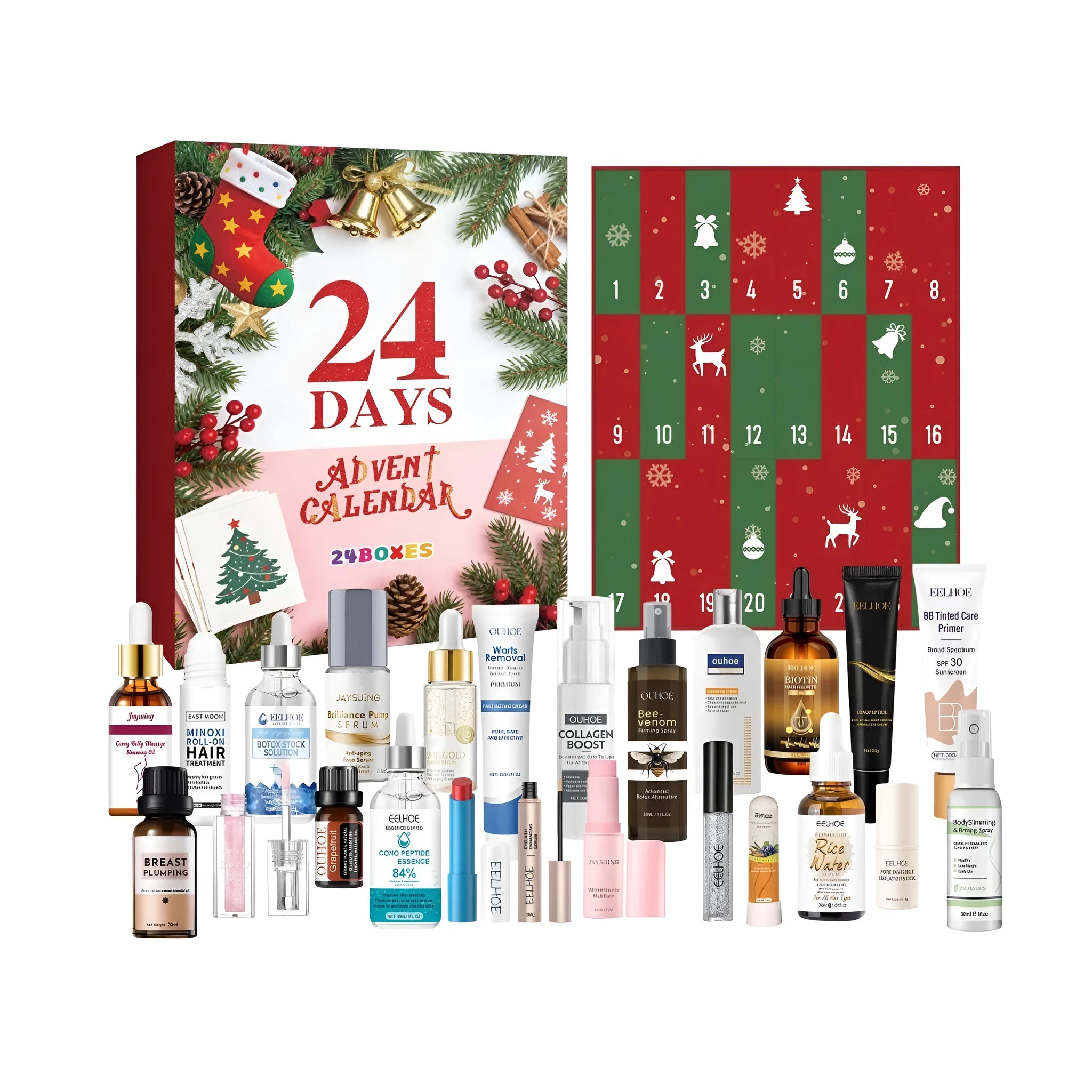 Beauty advent calendar with 24 numbered drawers, festive printed card design, measuring 30 cm high