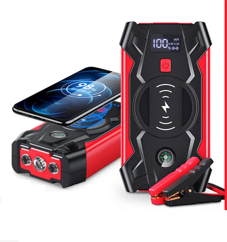 Red car emergency jump starter with thick battery clips and storage box showing 39800W power rating