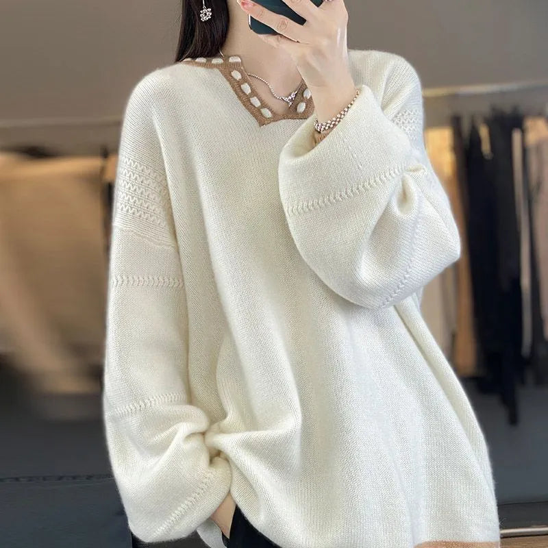 Women's V-neck pullover sweater in camel colour with regular long sleeves