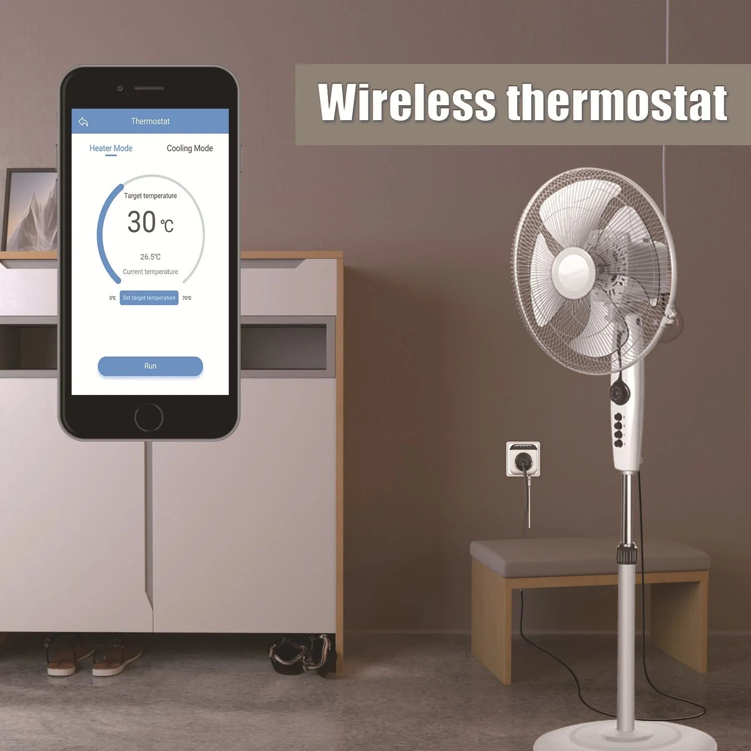 White Tuya smart temperature control socket with US 3-pin plug and external temperature sensor probe.