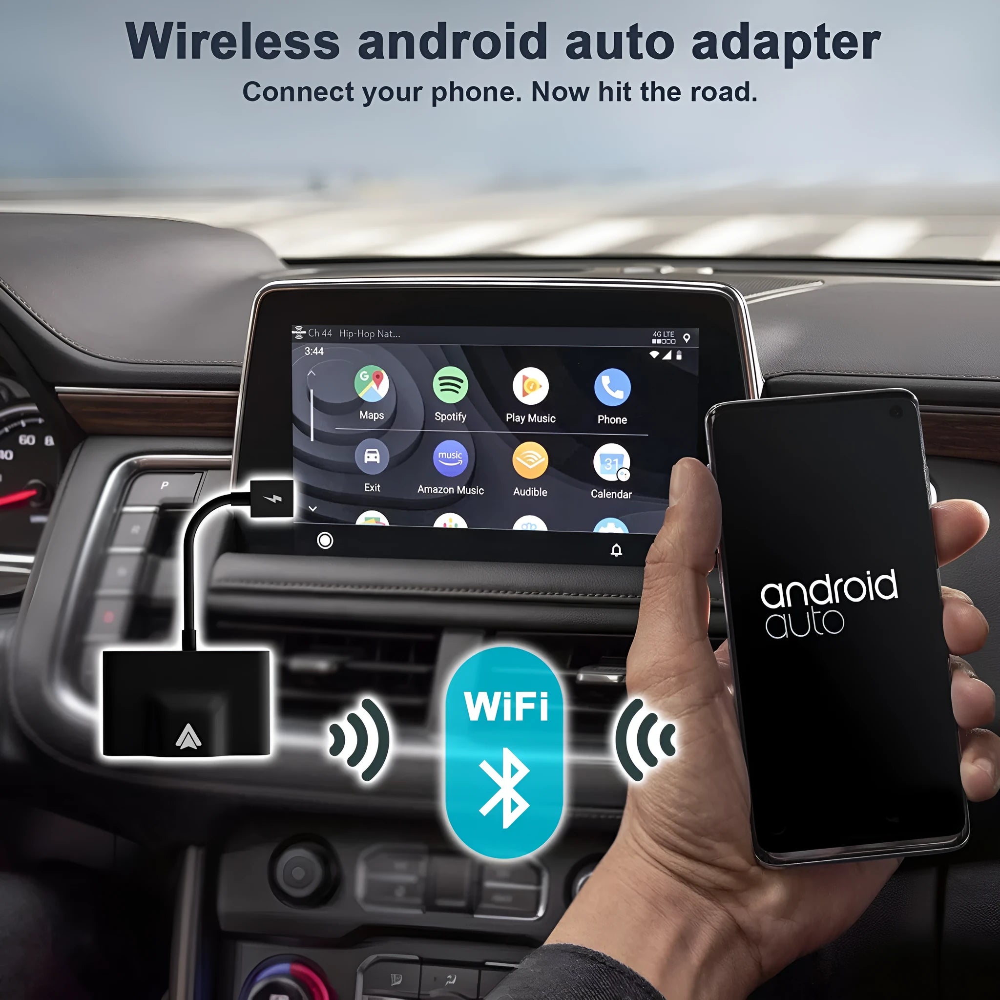 Original THT-020 series wired to wireless Android Auto adaptor for cars with CARPLAY, shown in black and white variants.