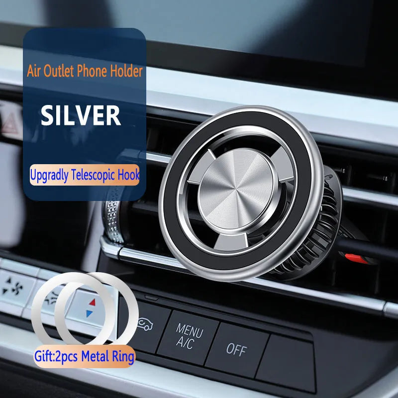 Silver car air outlet magnetic phone holder with snap-on bracket and magnetic guide plate