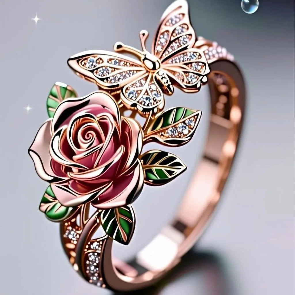 Adjustable butterfly personality ring with colourful oil treatment showing flower, insect and leaf elements