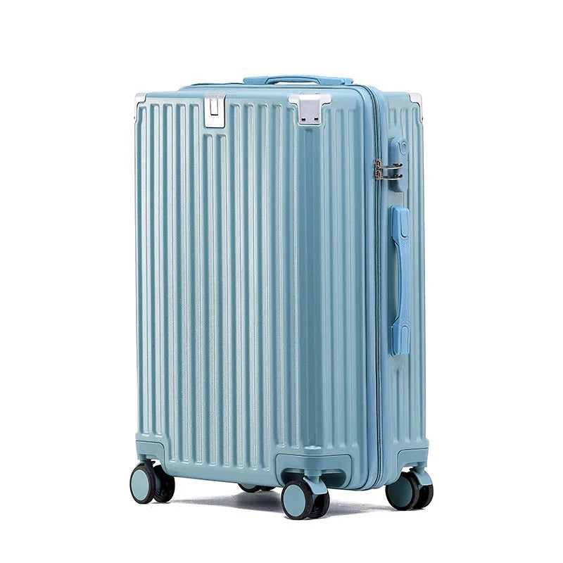 Hard-shell aluminium frame suitcase in avocado green colour with USB port and universal wheels.