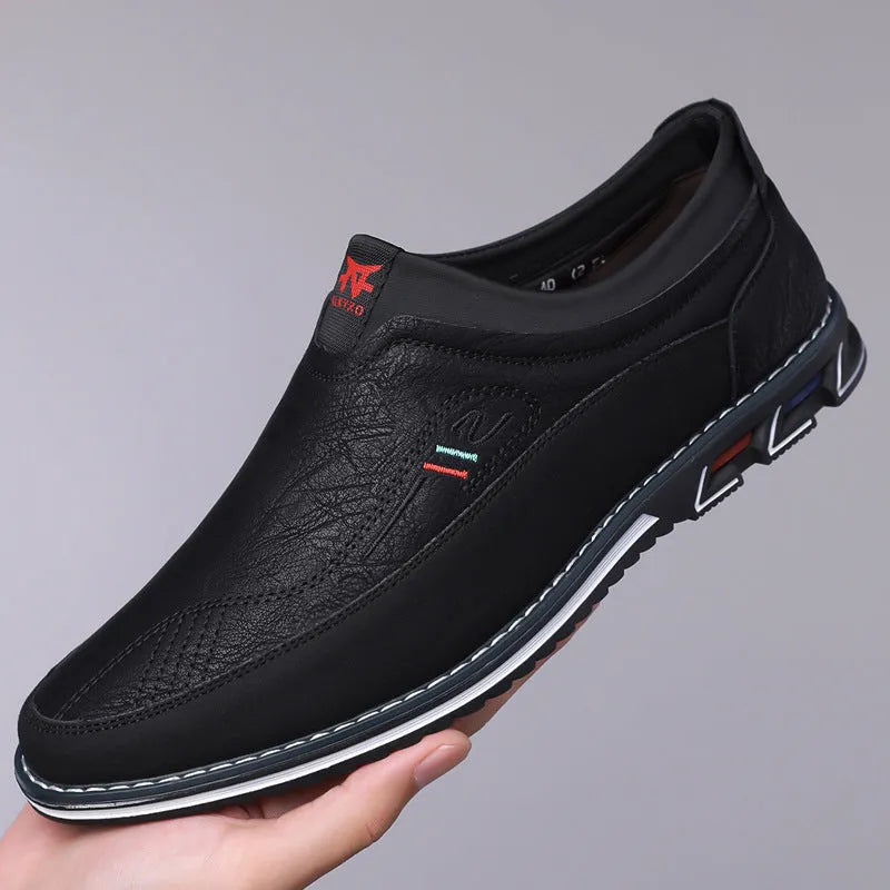 Men's casual leather shoes in khaki with a leather toe cap, fabric upper, and rubber sole.