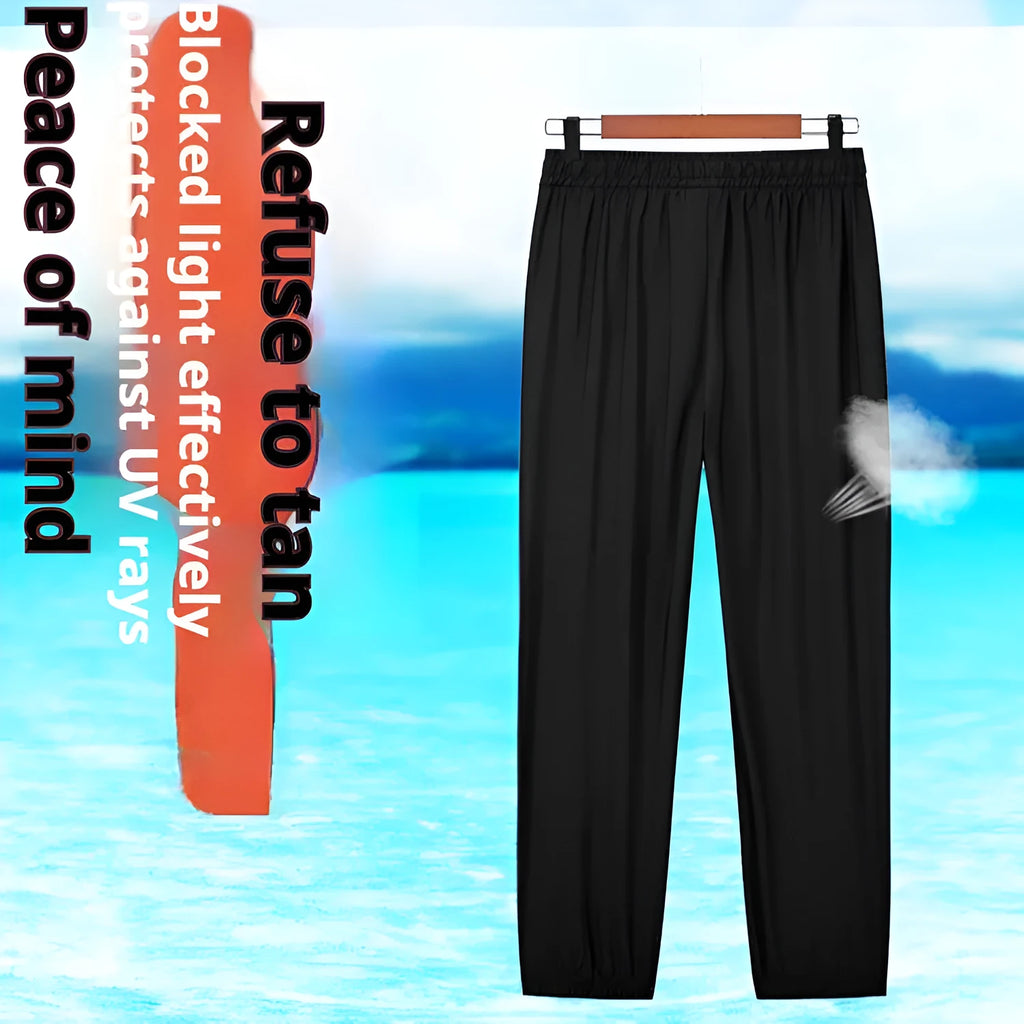 Men's black ice silk loose ankle-tied quick-dry pants for running and outdoor sports