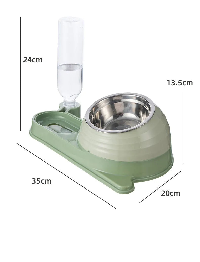 Brown elevated cat food bowl with automatic water dispenser bottle
