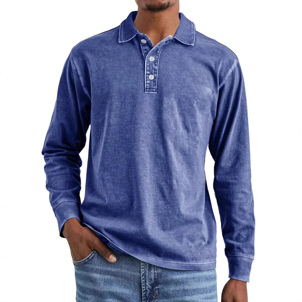 Men's retro washed distressed cotton lapel polo shirt in army green, long sleeves.