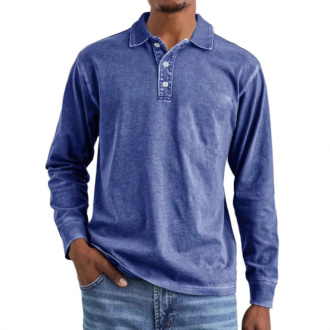 Men's retro washed distressed cotton lapel polo shirt in army green, long sleeves.
