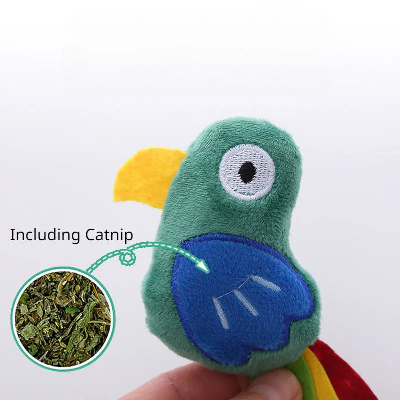 Plush cat toy shaped like a blue parrot with a hidden catnip pocket for interactive play.