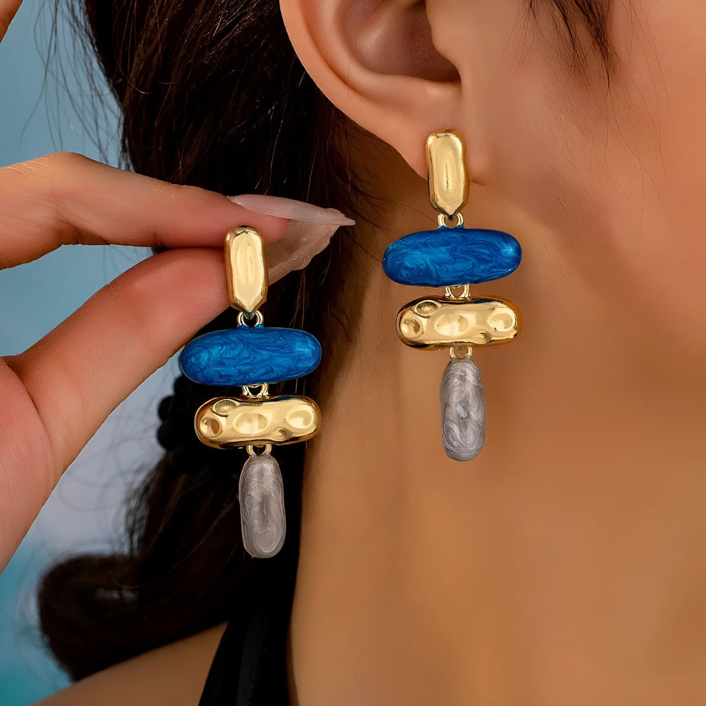 Geometric stud earrings with multicolour electroplating on zinc alloy