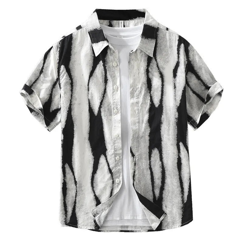Men's retro striped short sleeve cotton shirt in loose cardigan fit, black and brown colour options