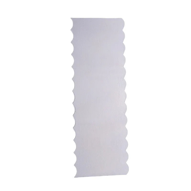 Stainless steel cake scraper with a polygon patterned edge for decorating.