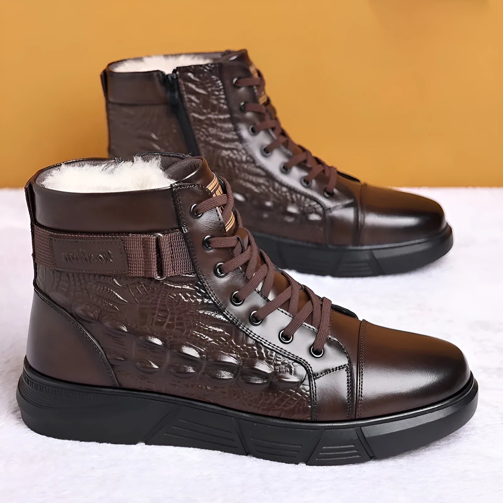 Black genuine leather snow boots with fur lining and non-slip rubber soles, front lace-up closure