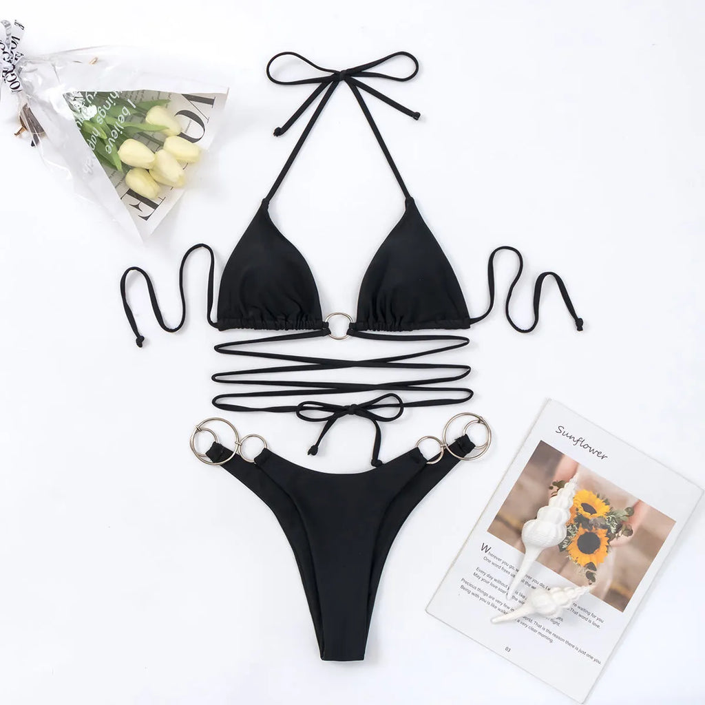 Black women's bikini set with metal ring details and long straps