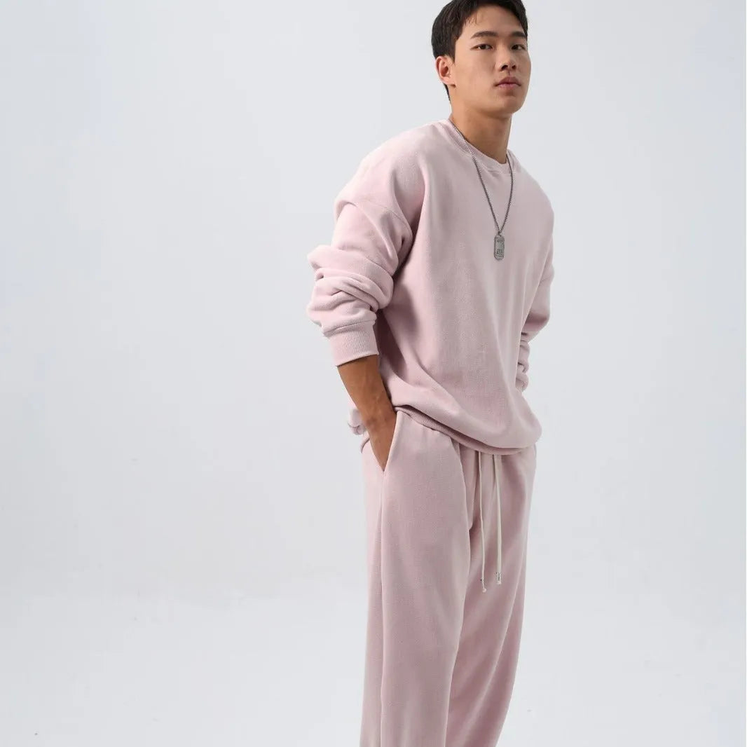 Men's polar fleece winter sports suit set showing crew neck coat and padded trousers in double-sided fleece fabric