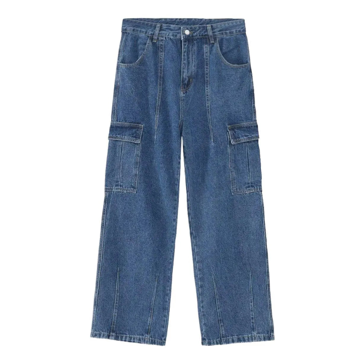 American retro loose straight leg cotton denim workwear jeans in blue with zipper fly