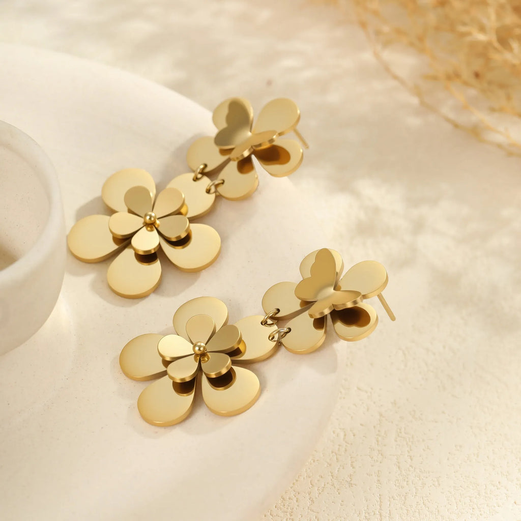 Gold butterfly earrings with floral design for women, stainless steel with 18K electroplating